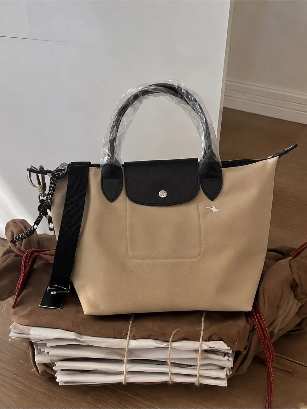 Black & Beige Canvas Tote Bag with Top Handles
